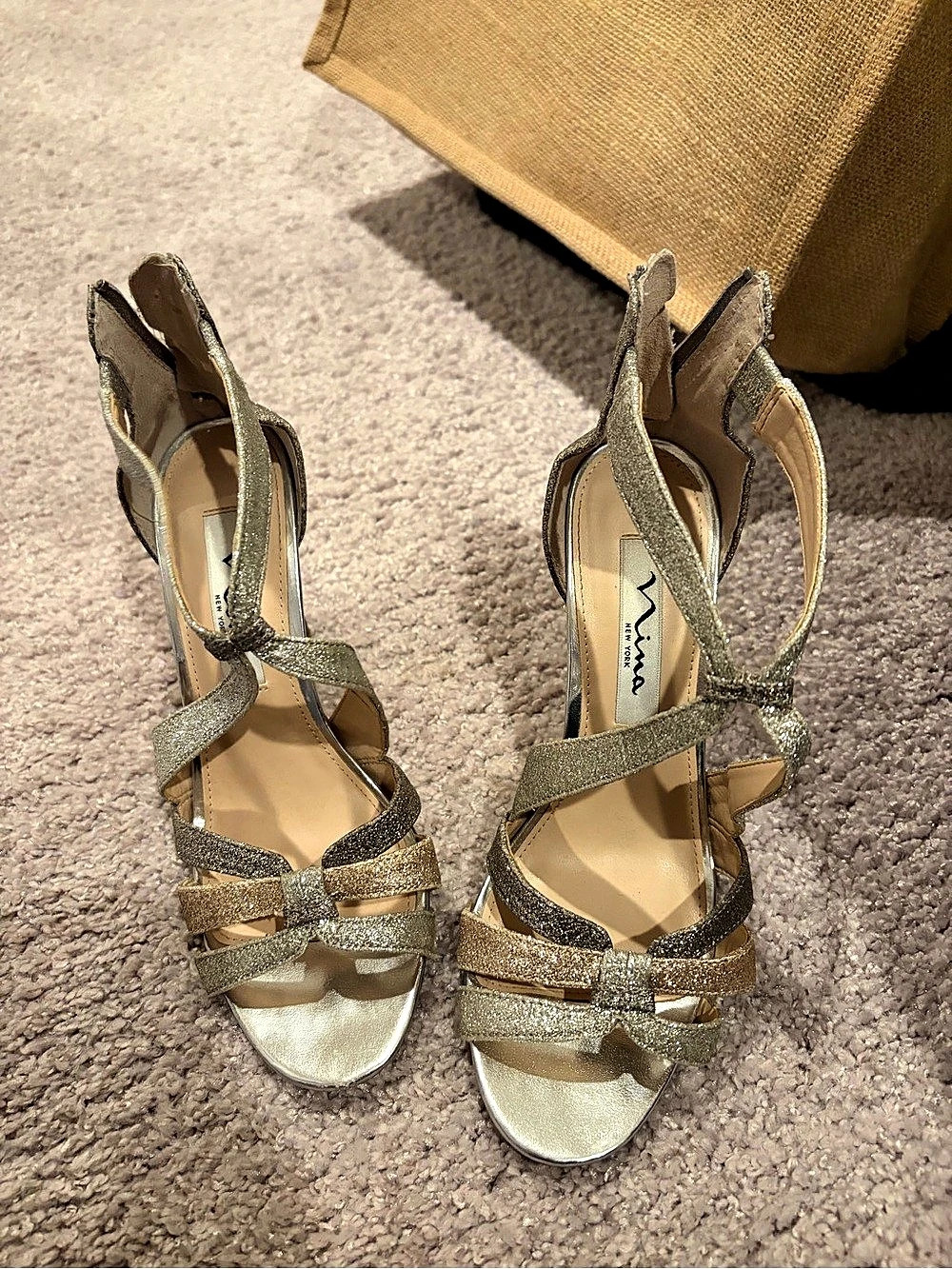 Nina New York Glitter Strappy Heels in Gold and Silver